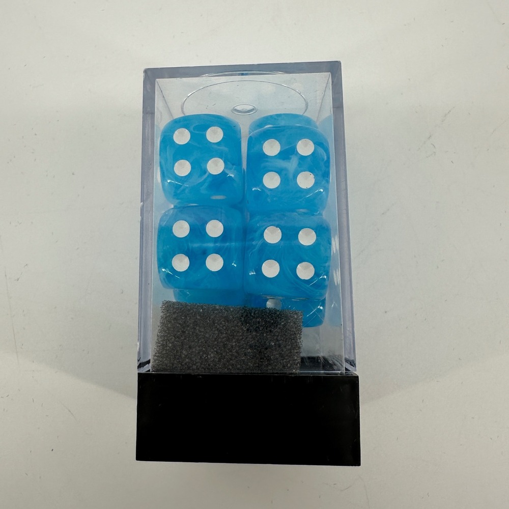9 Piece Marbled Blue and White D6 Dice Set with Clear Display Case
